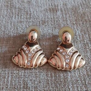 Gold Tone Rhinestone Triangular   Earrings